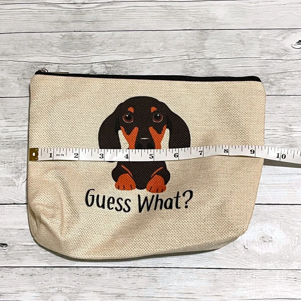 Guess What Dachshund Butt Cosmetic Bag Linen Zipper Pouch Beige Weiner Dog